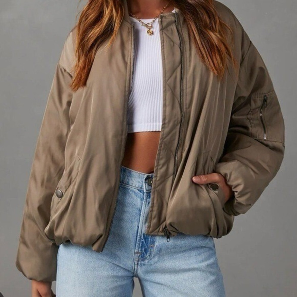Olia Women Taupe Oversized Bomber Jacket Full Zip Utility Pocket‎ | Size Small